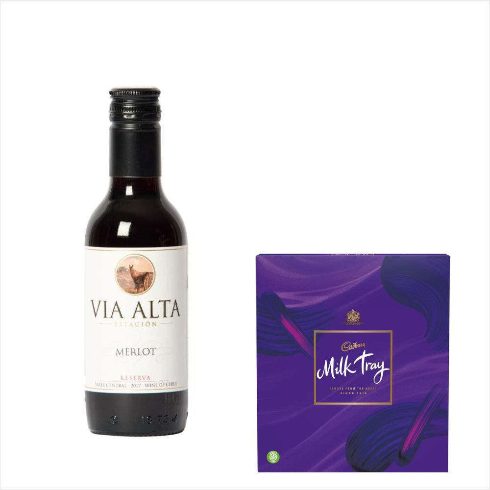 Via Alta Merlot 18.7cL & Milk Tray Chocolate GiftVia Alta Merlot 18.7cl Rich and concentrated that packs all you want from this easy drinking Merlot . Great stuff! Celebrates life's memorable moments with this gift package.£11.99