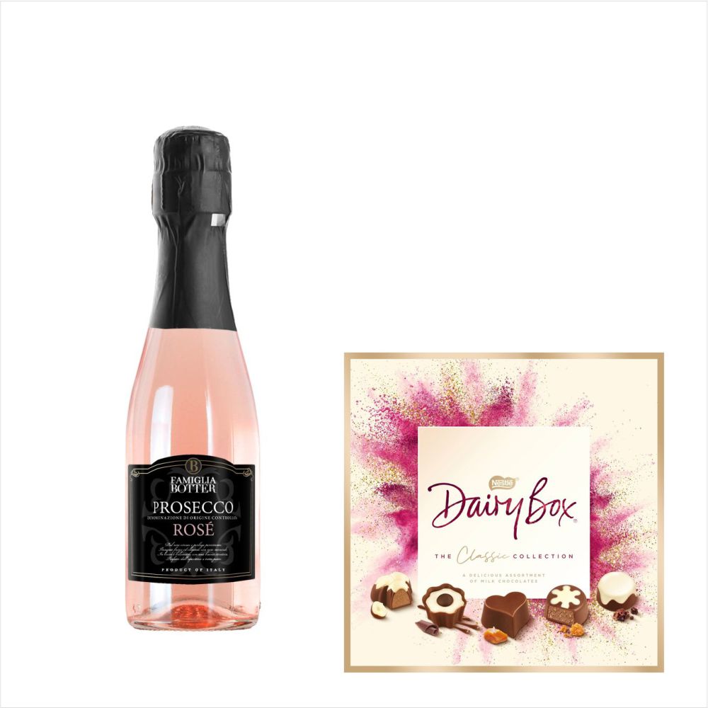 Botter Prosecco Rose 200ml & Dairy Milk Chocolate GiftBotter Prosecco Rose 200ml & Dairy Milk Chocolate Gift Light rose colour. Elegant and intense bouquet. Dry, soft and well-balanced on the palate; round and full bodied structure. Celebrates life's memo