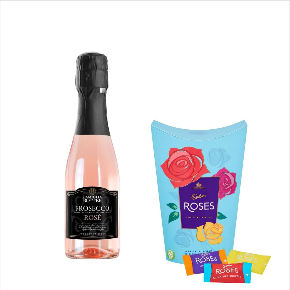 Botter Prosecco Rose 200ml & Roses Chocolate GiftBotter Prosecco Rose 200ml Light rose colour. Elegant and intense bouquet. Dry, soft and well-balanced on the palate; round and full bodied structure. Celebrates life's memorable moments with this gift pack