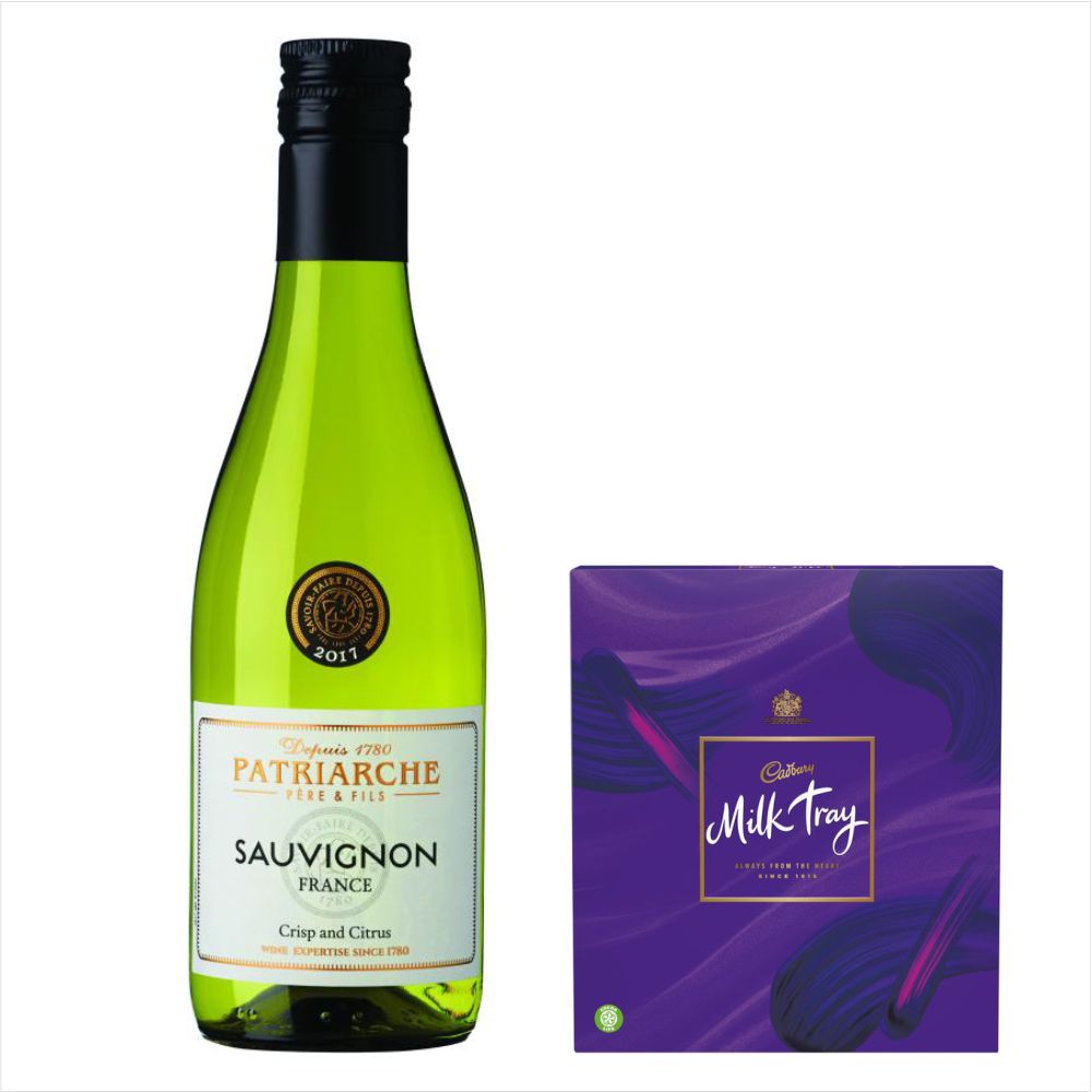 Patriarche Sauvignon Blanc 18.7cL & Milk Tray Chocolate GiftPatriarche Sauvignon Blanc 18.7cl France, Vin de France Citrus fruits on the nose, this wonderful wine is fresh and has a well balanced finish. Celebrates life's memorable moments with this gift