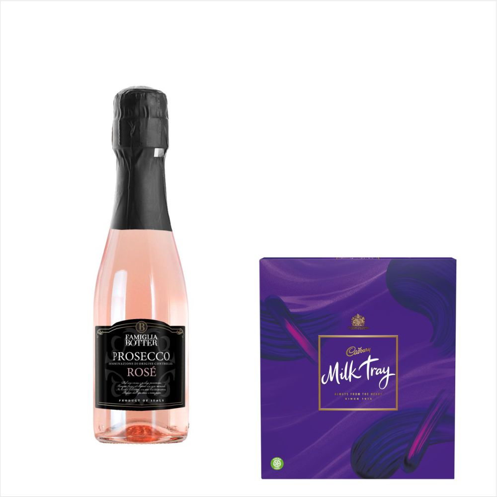 Botter Prosecco Rose 200ml & Milk Tray Chocolate GiftBotter Prosecco Rose 200ml Light rose colour. Elegant and intense bouquet. Dry, soft and well-balanced on the palate; round and full bodied structure. Celebrates life's memorable moments with this gift