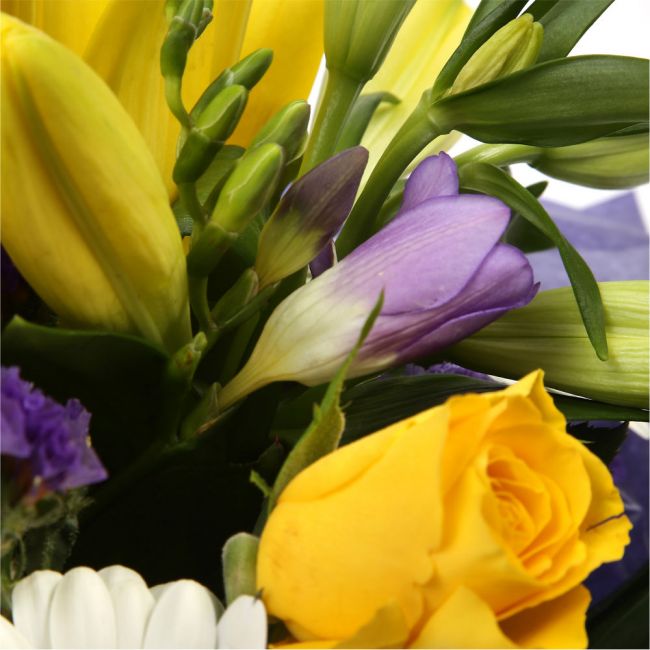 Delightful Flowers BouquetA Delightful Bouquet filled with flowers in Yellow and Purple shades. Including large-headed Roses, Lilies, Carnations, Freesias, a modern yet truly enchanting gift. Beautifully wrapped and tied with ribbon before being delivered