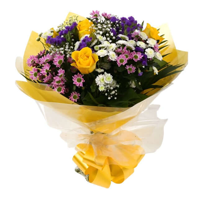 Charm Bouquet FlowersCharm Bouquet, This beautiful bouquet says everything. a beautiful gift,this bouquet is made up of Santini Chrsyanthemums, Yellow Roses, Statice with Foliage. Beautifully wrapped and tied with ribbon before being delivered.£14.99