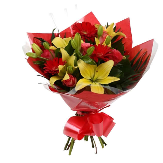 Emporium Flowers BouquetEmporium Bouquet Gerberas, Roses, Oriental Lilies and Palm foliage are expertly arranged to create this dramatic design. This stunning gift is the ultimate gift to create an impression. Beautifully wrapped and tied with ribbon befo