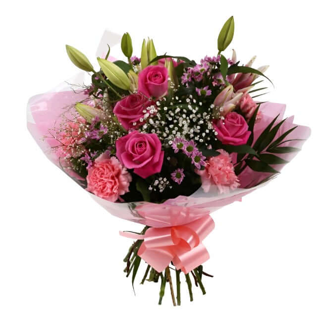 Pink Crystal BouquetBeautiful Pink Crystal Bouquet, Pink Roses and Lillies with Gypsophila, Pink Dianthus, Pink Santini flowers and foliage, wrapped with matching ribbon. Beautifully wrapped and tied with ribbon before being delivered.£14.99