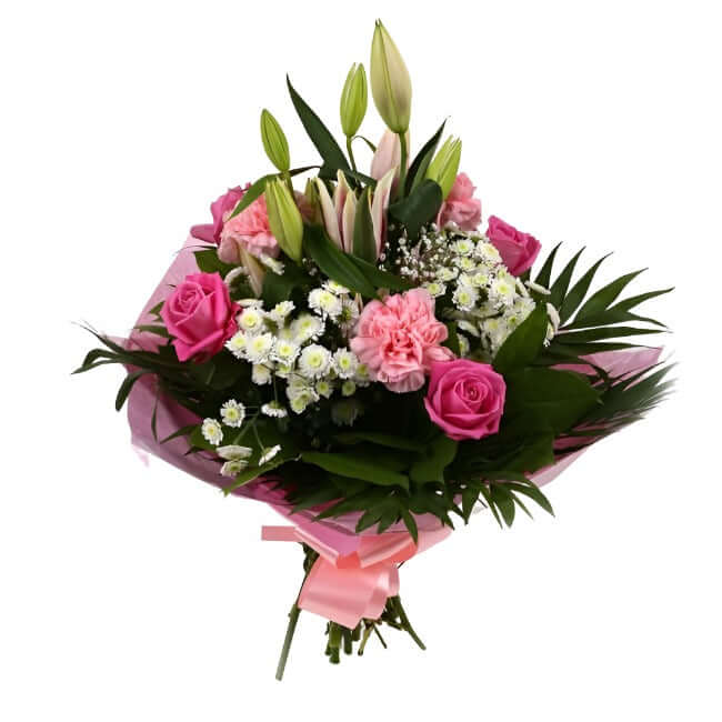 Strawberry Sundae BouquetStrawberry Sundae Bouquet, An endearing classic Bouquet, Lilies in soft pinks, White Santini, with Pink Roses, large exquisite headed Dianthus, Pink Roses are complemented by delicate Gypsophila, luxurious sophisticated hand-tied