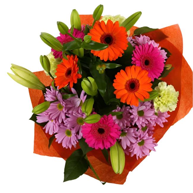 Colour Burst Flowers BouquetColour Burst Bouquet, Surprise a loved one with this gorgeous display of vibrant flowers, eye catching daisies, Yellow Lillies & Chrysanthemums, and Mint green Carnations.£14.99