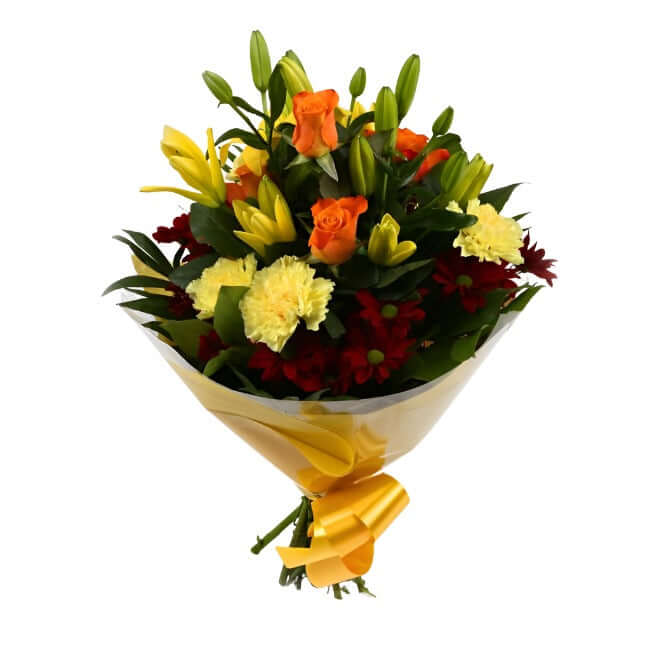 Red Sunshine BouquetBeautiful Red Sunshine Orange Bouquet, Roses and Lillies with foliage, wrapped with matching ribbon. Beautifully wrapped and tied with ribbon before being delivered.£14.99