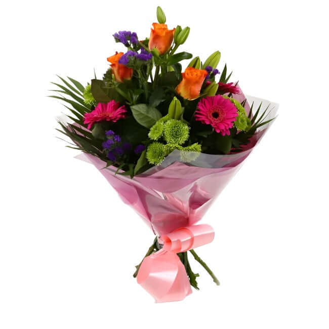 Melody Bright BouquetMelody Bright Bouquet, This bouquet of flowers is a sweet selection Cerise Germini, Oranage Roses, Yellow Lillies with Shamrock Chrysanthemums and Foliage.this bouquet is full of pretty shades . It's absolutely perfect. Beautifully wr
