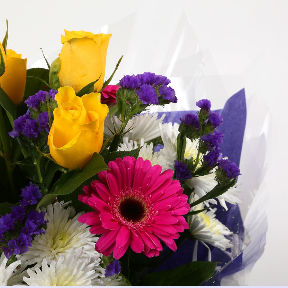 Happy Birthday Balloon & Starburst FlowersHappy Birthday Balloon & Starburst Blush Bouquet, Yellow Roses &Pink Gerberas and carefully selected flowers with foliage are expertly arranged to create this dramatic design. This stunning gift is the ultimate gi