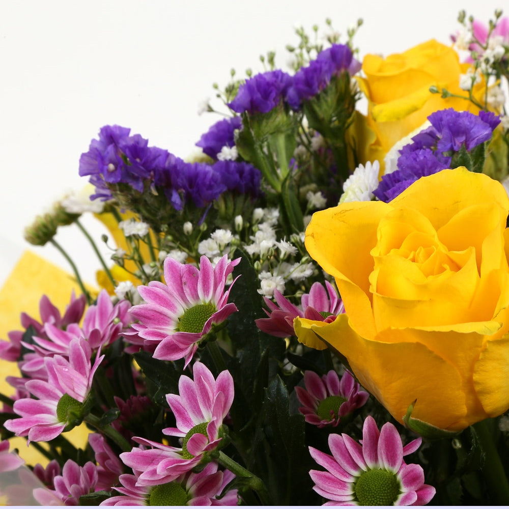 Birthday Balloon & Charm Bouquet FlowersBirthday Balloon & Charm Bouquet, This beautiful bouquet says everything. a beautiful gift,this bouquet is made up of Santini Chrsyanthemums, Yellow Roses, Statice with Foliage. Beautifully wrapped and tied with rib