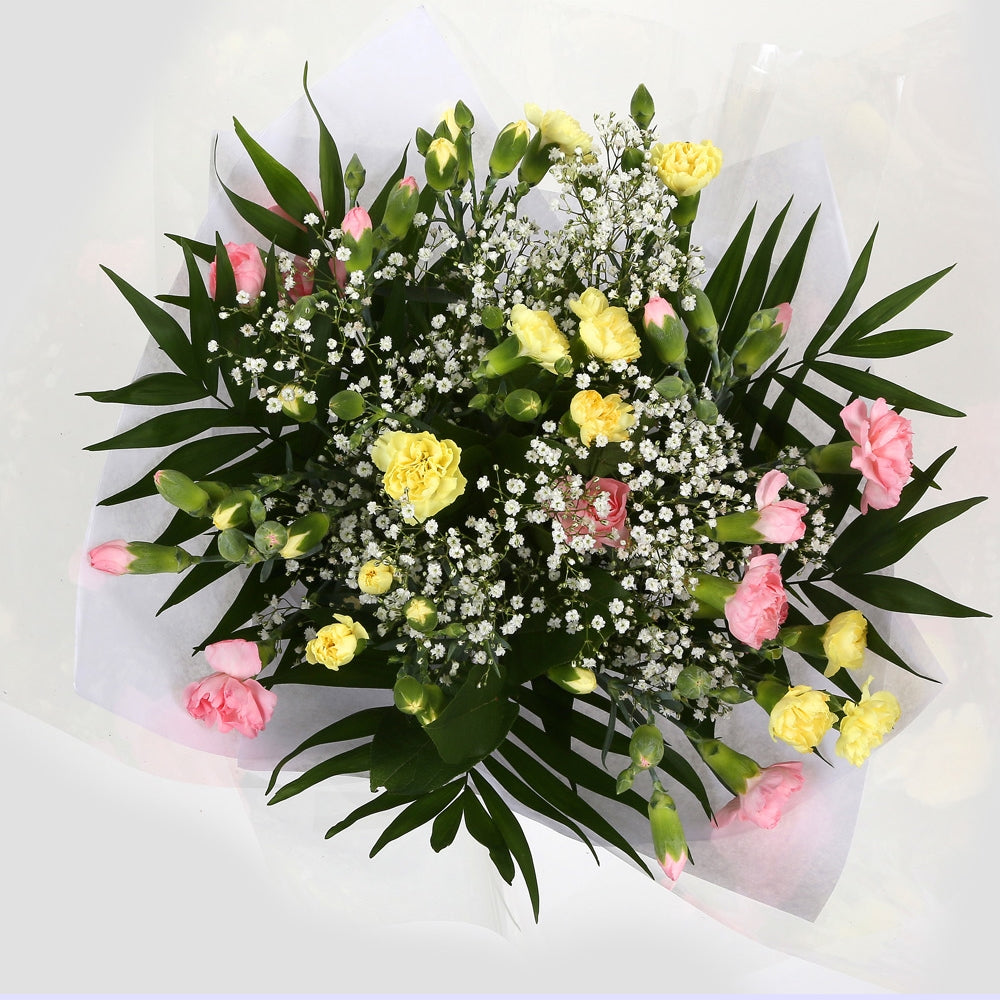 Birthday Balloon & Joyful FlowersBirthday Special With Birthday Balloon & Beautiful Joyful Bouquet,Spray Dianthus with Gypsophila and foliage, wrapped with matching ribbon. Beautifully wrapped and tied with ribbon before being delivered, stunning Bouquet