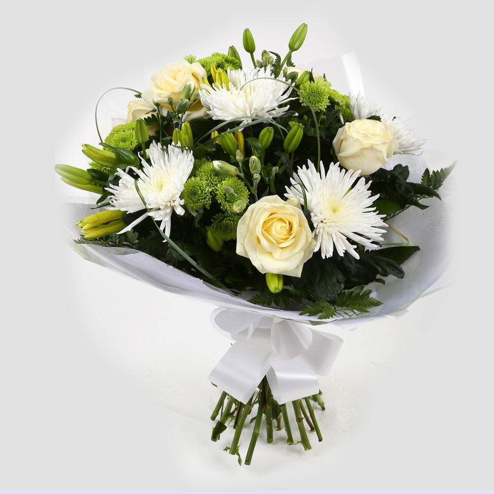 Golden Cream Flowers BouquetGolden Cream Bouquet, This lovely selection of flowers is the perfect gift for any occasion. White Boom chrysanthemums, White Cream Roses & Yellow Lillies with Shamrock flowers and assorted foliage are beautifully presented. Be