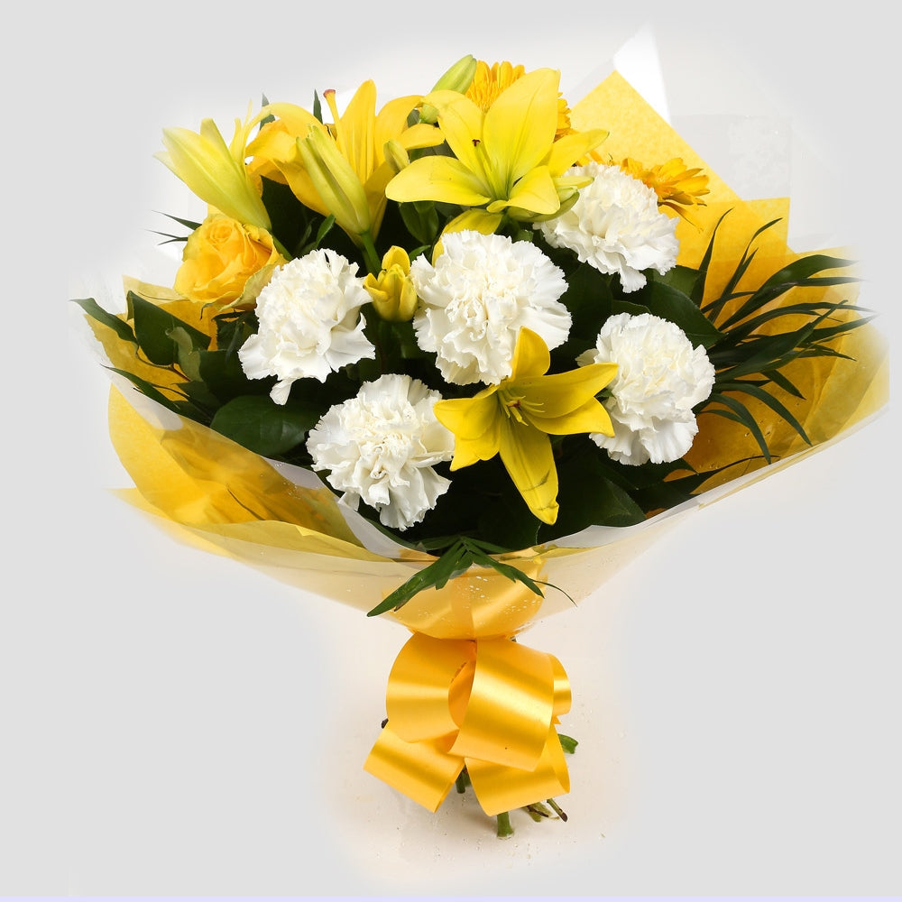 Birthday Balloon & Golden Sunshine FlowersBirthday Balloon & Golden Sunshine Bouquet, This lovely selection of flowers is the perfect gift for any occasion. White Dianthus, Yellow Roses & Yellow Lillies with assorted foliage are beautifully presented. Bea