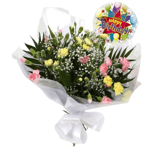 Birthday Balloon & Joyful FlowersBirthday Special With Birthday Balloon & Beautiful Joyful Bouquet,Spray Dianthus with Gypsophila and foliage, wrapped with matching ribbon. Beautifully wrapped and tied with ribbon before being delivered, stunning Bouquet