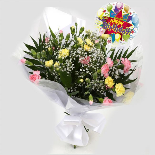Birthday Balloon & Joyful FlowersBirthday Special With Birthday Balloon & Beautiful Joyful Bouquet,Spray Dianthus with Gypsophila and foliage, wrapped with matching ribbon. Beautifully wrapped and tied with ribbon before being delivered, stunning Bouquet
