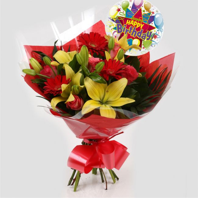 Birthday Balloon & Emporium Bouquet FlowersBirthday Balloon & Emporium Bouquet Gerberas, Roses, Oriental Lilies and Palm foliage are expertly arranged to create this dramatic design. This stunning gift is the ultimate gift to create an impression. Beautif