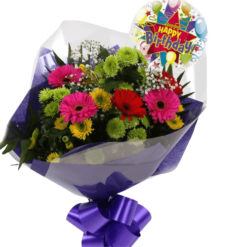 Birthday Balloon & Elegance Bouquet FlowersBirthday Balloon & Elegance Bouquet, Surprise a loved one with this gorgeous display of Germini Flowers, eye catching Daisies, Gypsophila & Chrysanthemums, with Foliage.£19.99