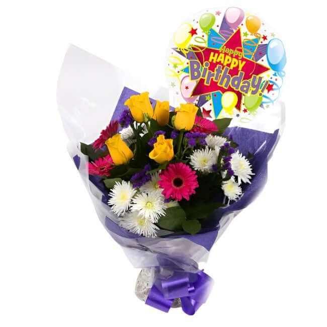 Happy Birthday Balloon & Starburst FlowersHappy Birthday Balloon & Starburst Blush Bouquet, Yellow Roses &Pink Gerberas and carefully selected flowers with foliage are expertly arranged to create this dramatic design. This stunning gift is the ultimate gi