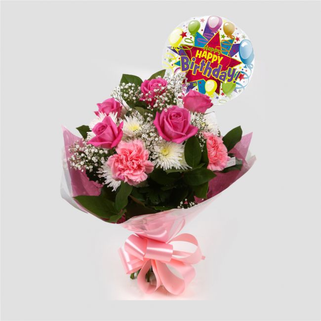 Birthday Balloon & Strawberry Pink Blush FlowersBirthday Balloon & Strawberry Pink Blush Bouquet, Pink Roses & Gypsophila and carefully selected flowers with foliage are expertly arranged to create this dramatic design. This stunning gift is the ultimate