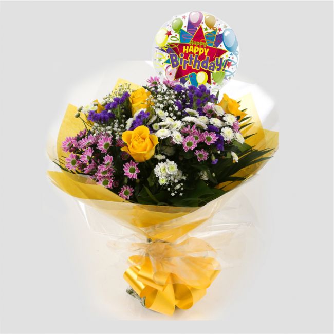 Birthday Balloon & Charm Bouquet FlowersBirthday Balloon & Charm Bouquet, This beautiful bouquet says everything. a beautiful gift,this bouquet is made up of Santini Chrsyanthemums, Yellow Roses, Statice with Foliage. Beautifully wrapped and tied with rib