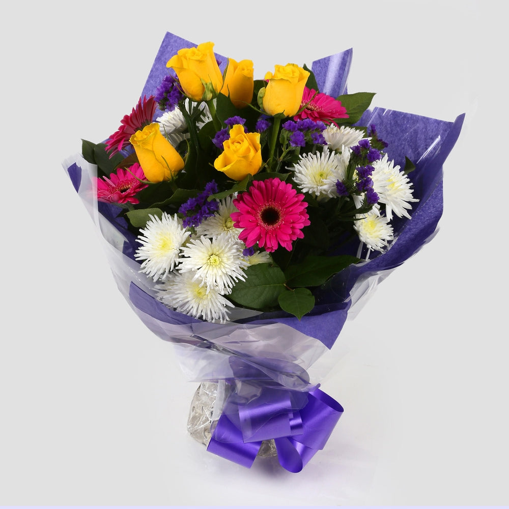 Happy Birthday Balloon & Starburst FlowersHappy Birthday Balloon & Starburst Blush Bouquet, Yellow Roses &Pink Gerberas and carefully selected flowers with foliage are expertly arranged to create this dramatic design. This stunning gift is the ultimate gi