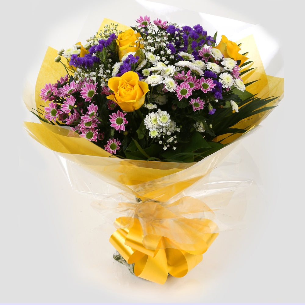 Birthday Balloon & Charm Bouquet FlowersBirthday Balloon & Charm Bouquet, This beautiful bouquet says everything. a beautiful gift,this bouquet is made up of Santini Chrsyanthemums, Yellow Roses, Statice with Foliage. Beautifully wrapped and tied with rib