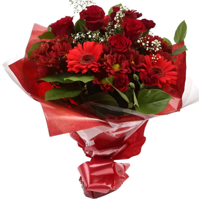 Lavish Red BouquetAdd a hint of paradise to someone's life with this vibrant Lavish Red Rose arrangement. Evoking lush Palm leaves,Gypsophila,Red Spray Dianthus, A beautiful and timeless classic. Beautifully wrapped and tied with ribbon before being deliv