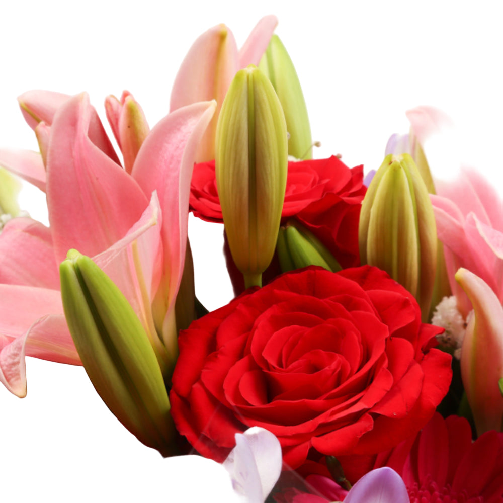 Congratulations Balloon & Red & Pink Delight FlowersThis Beautiful Bouquet with Balloon , carefully selected flowers with foliage are expertly arranged to create this dramatic design. This stunning gift is the ultimate gift to create an impression. Beauti