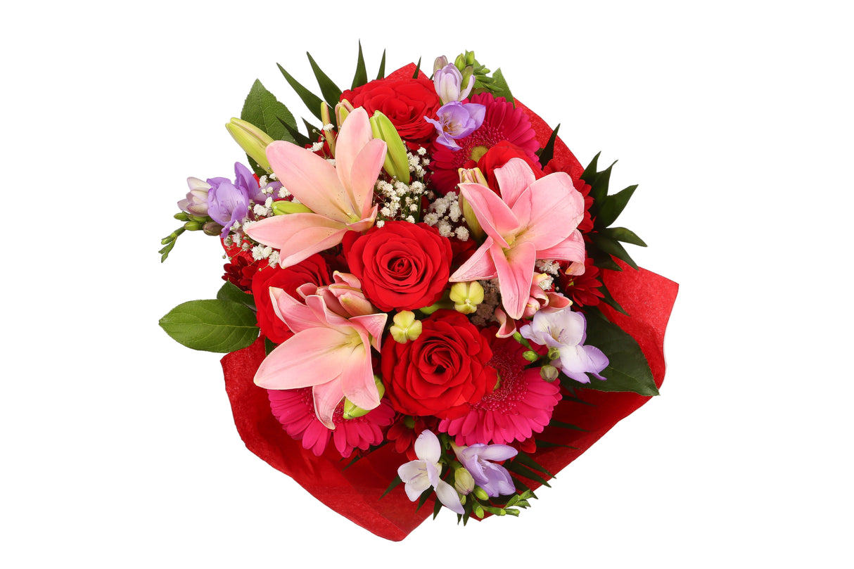 Congratulations Balloon & Red & Pink Delight FlowersThis Beautiful Bouquet with Balloon , carefully selected flowers with foliage are expertly arranged to create this dramatic design. This stunning gift is the ultimate gift to create an impression. Beauti