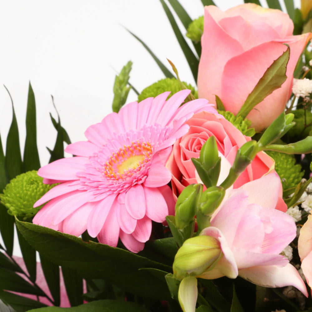 Cherished Pink Flowers BouquetThis Beautiful Bouquet, carefully selected flowers with foliage are expertly arranged to create this dramatic design. This stunning gift is the ultimate gift to create an impression. Beautifully wrapped and tied with ribbon b