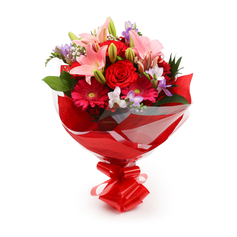 Congratulations Balloon & Red & Pink Delight FlowersThis Beautiful Bouquet with Balloon , carefully selected flowers with foliage are expertly arranged to create this dramatic design. This stunning gift is the ultimate gift to create an impression. Beauti