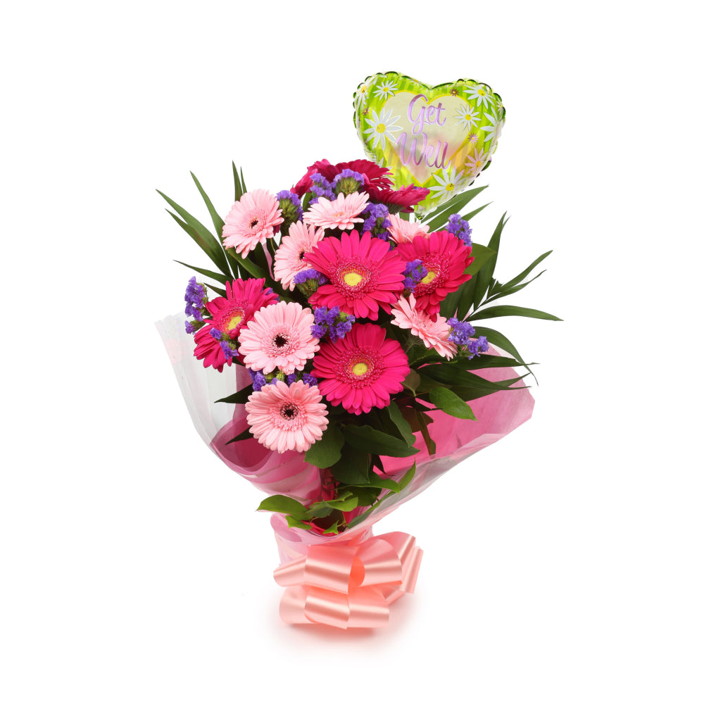 Get Well Balloon & Gerbera Blush FlowersThis Beautiful Bouquet with Balloon , carefully selected flowers with foliage are expertly arranged to create this dramatic design. This stunning gift is the ultimate gift to create an impression. Beautifully wrappe