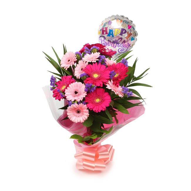 Birthday Balloon & Gerbera Blush FlowersThis Beautiful Bouquet with Balloon , carefully selected flowers with foliage are expertly arranged to create this dramatic design. This stunning gift is the ultimate gift to create an impression. Beautifully wrappe