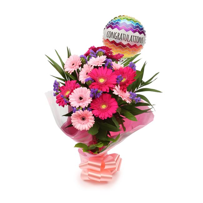 Congratulations Balloon & Gerbera Blush FlowersThis Beautiful Bouquet with Balloon, carefully selected flowers with foliage are expertly arranged to create this dramatic design. This stunning gift is the ultimate gift to create an impression. Beautifully