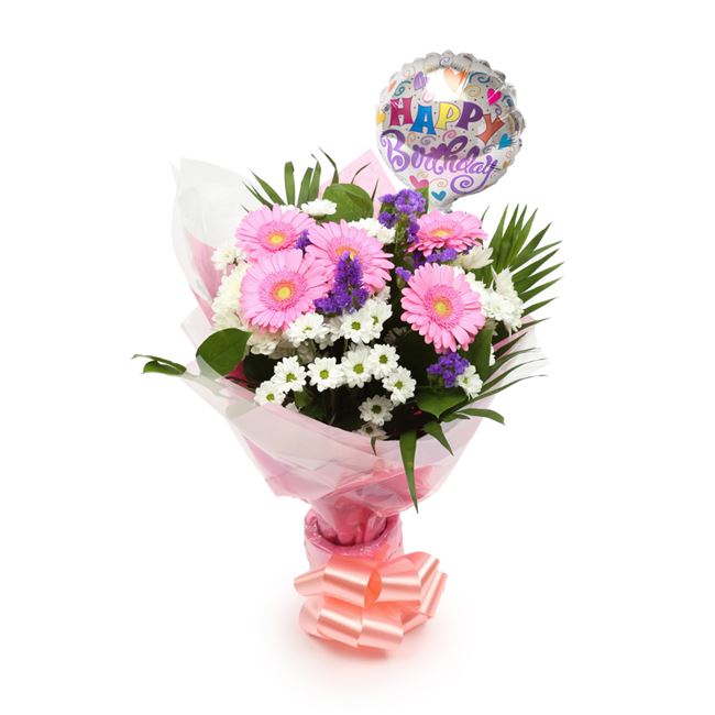 Birthday Balloon & Serenity FlowersThis Beautiful Bouquet with Balloon , carefully selected flowers with foliage are expertly arranged to create this dramatic design. This stunning gift is the ultimate gift to create an impression. Beautifully wrapped and