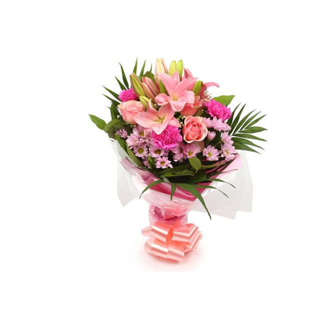 Pink Candy BouquetThis Beautiful Bouquet, carefully selected flowers with foliage are expertly arranged to create this dramatic design. This stunning gift is the ultimate gift to create an impression. Beautifully wrapped and tied with ribbon before being