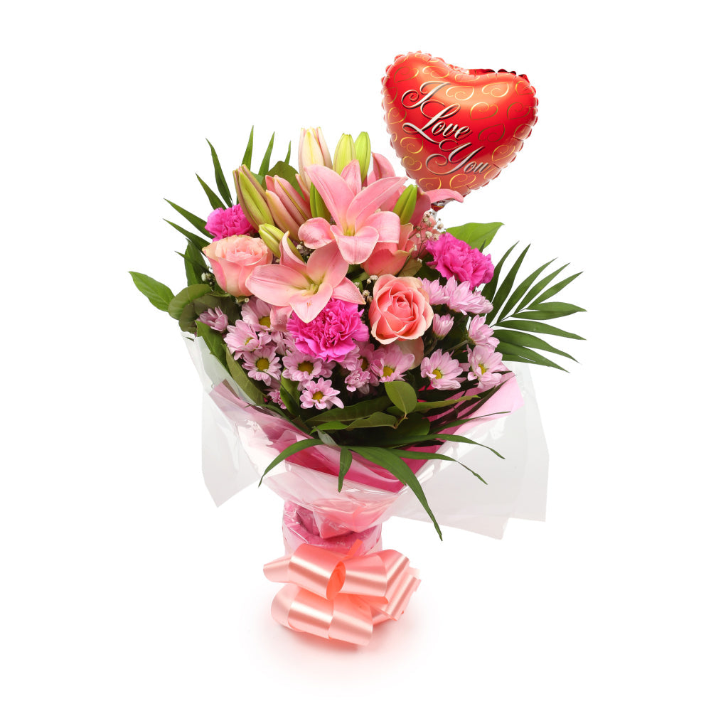 Love You Balloon & Pink Candy BouquetThis Beautiful Bouquet with Balloon, carefully selected flowers with foliage are expertly arranged to create this dramatic design. This stunning gift is the ultimate gift to create an impression. Beautifully wrapped an