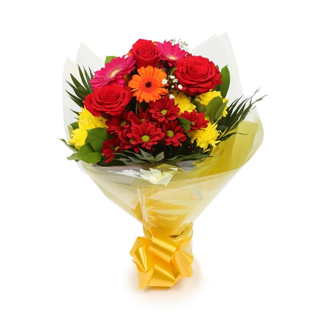 Beauty Blooms Bouquet FlowersThis Beautiful Bouquet, carefully selected flowers with foliage are expertly arranged to create this dramatic design. This stunning gift is the ultimate gift to create an impression. Beautifully wrapped and tied with ribbon be