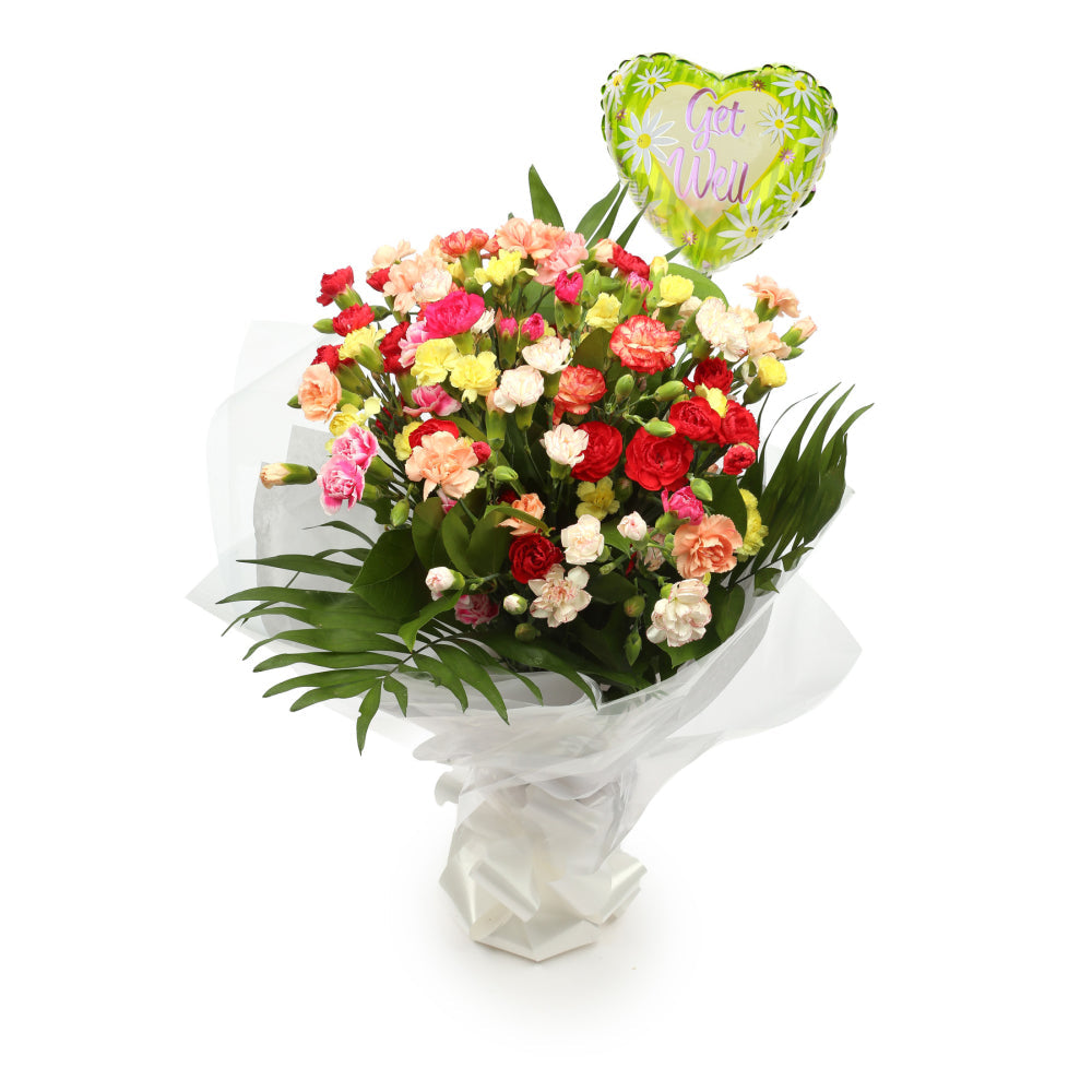 Get Well Balloon & Multi Colour star FlowersThis Beautiful Bouquet, carefully selected flowers with foliage are expertly arranged to create this dramatic design. This stunning gift is the ultimate gift to create an impression. Beautifully wrapped and tied