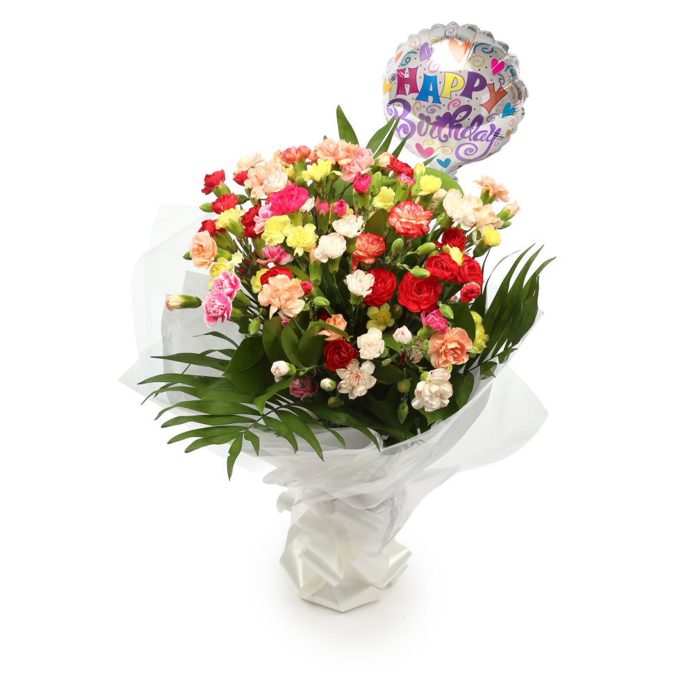Birthday Balloon & Multi Colour Star FlowersThis Beautiful Bouquet, carefully selected flowers with foliage are expertly arranged to create this dramatic design. This stunning gift is the ultimate gift to create an impression. Beautifully wrapped and tied