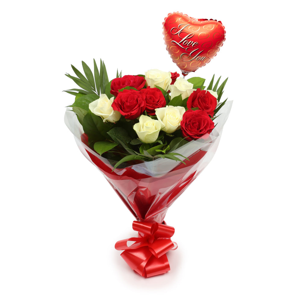 Love You Balloon & 12 Red & White RosesThis Beautiful Bouquet, carefully selected flowers with foliage are expertly arranged to create this dramatic design. This stunning gift is the ultimate gift to create an impression. Beautifully wrapped and tied with