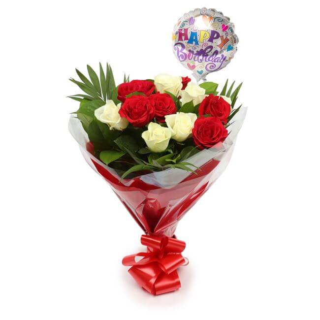 Birthday Balloon & 12 Red & White Roses FlowersThis Beautiful Bouquet, carefully selected flowers with foliage are expertly arranged to create this dramatic design. This stunning gift is the ultimate gift to create an impression. Beautifully wrapped and t