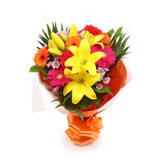 Summer Sun BouquetThis Beautiful Bouquet, carefully selected flowers with foliage are expertly arranged to create this dramatic design. This stunning gift is the ultimate gift to create an impression. Beautifully wrapped and tied with ribbon before being