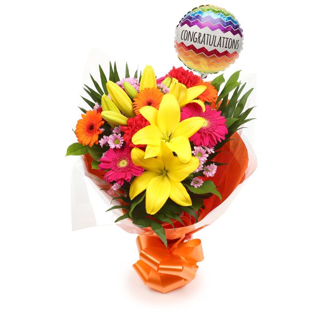 Congratulations Balloon & Summer Sun FlowersThis Beautiful Bouquet, carefully selected flowers with foliage are expertly arranged to create this dramatic design. This stunning gift is the ultimate gift to create an impression. Beautifully wrapped and tied