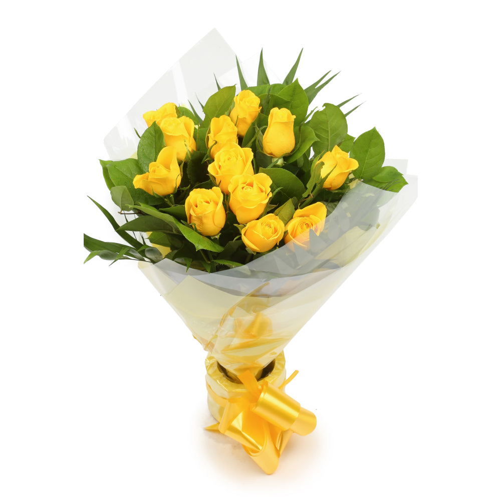 Yellow Gold RosesThis Beautiful Bouquet, carefully selected flowers with foliage are expertly arranged to create this dramatic design. This stunning gift is the ultimate gift to create an impression. Beautifully wrapped and tied with ribbon before being d