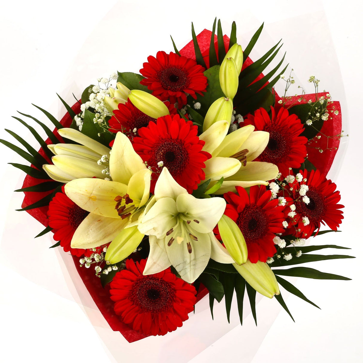Stunning Red Gerbera & Lily Flowers Bouquet