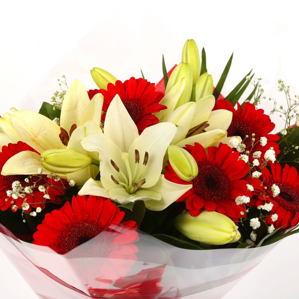 Stunning Red Gerbera & Lily Flowers Bouquet