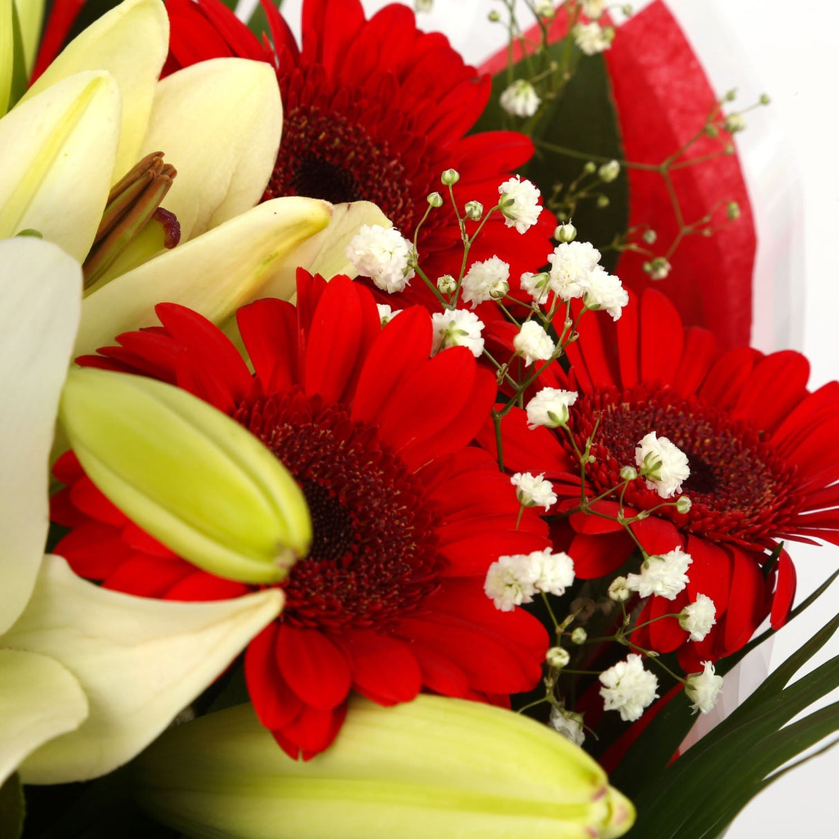 Stunning Red Gerbera & Lily Flowers Bouquet