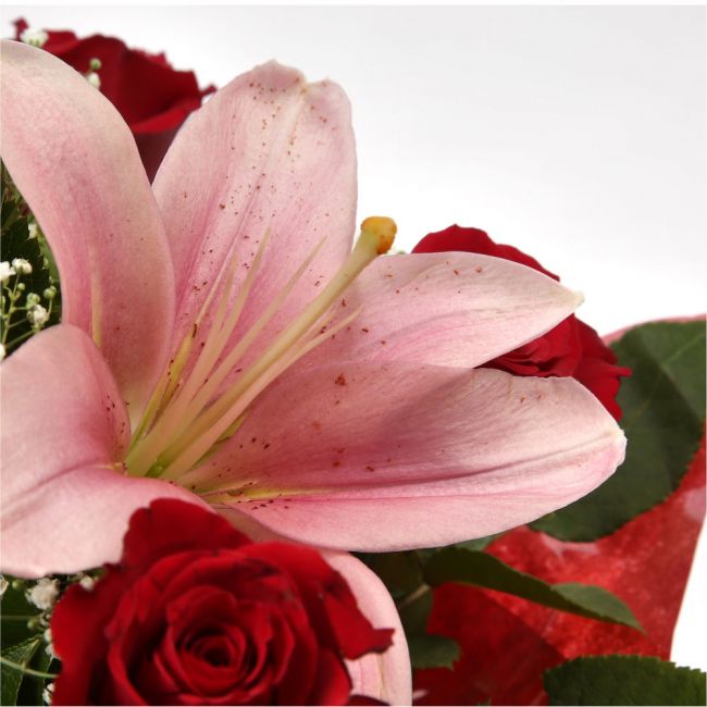 Luxury Princess BouquetRed Roses, Bloom Chrysanthemums, Oriental Lilies and Palm foliage are expertly arranged to create this dramatic design. This stunning gift is the ultimate gift to create an impression. Beautifully wrapped and tied with ribbon before